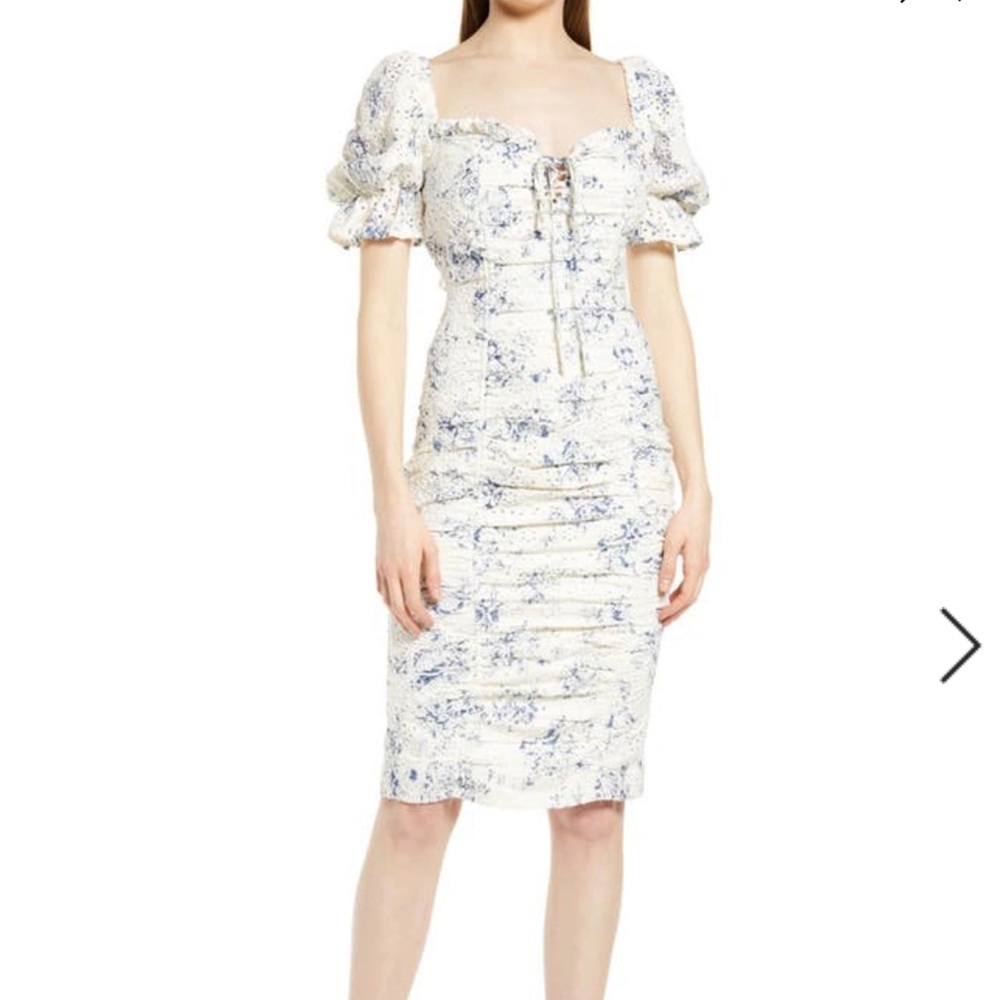 Lavish Alice porcelain printed borderie crepe midi dress